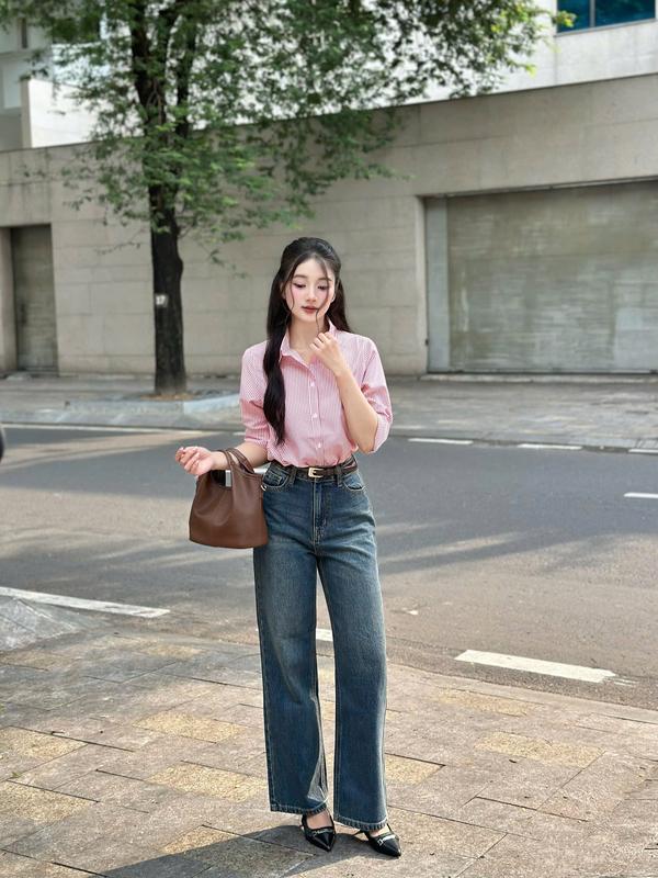   Rede  Quần Jeans Nữ Ống Suông Rộng Vừa Lưng Cao – Xanh Rêu Cá Tính Wash Mông-Gối Cực Chất  Cotton không co giãn  L-03B  