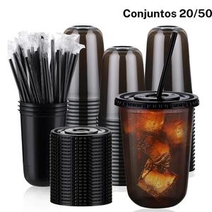 Paquetes de 20 o 50 conjuntos: vasos transparentes de 16 oz con tapas y pajitas, vasos desechables para bebidas frías como café helado, té con leche y batidos, ideales para actividades de fiesta