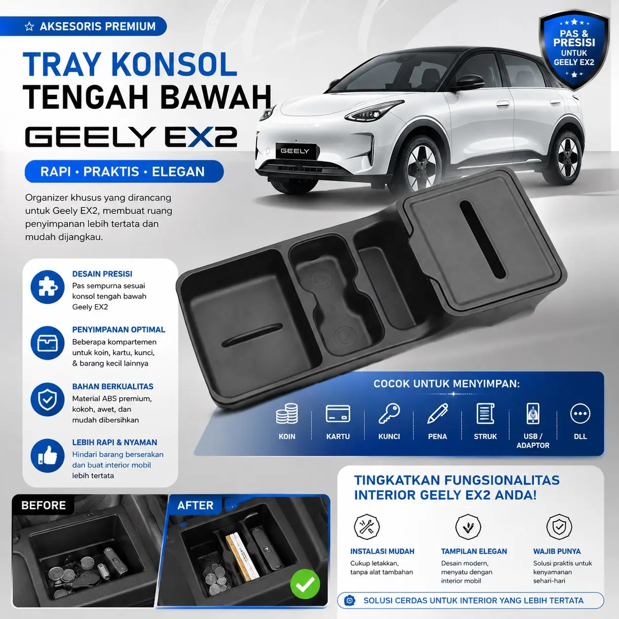 Geely EX2 Storage Box Armrest Kotak Tray Penyimpanan Geely Ex2 Interior Console Tengah Organizer