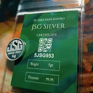 PERAK BATANGAN 5 GRAM JSG SILVER DIPRODUKSI OLEH PT TARA DANA SHAFIRA ADA SERTIFIKAT DAN ADA BARKOTNYA