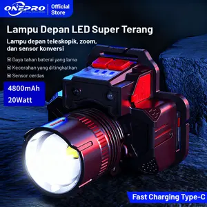 【ONEPRO】 T58 Camping Senter Kepala 20W 1000 Lumen Baterai 4800mAh Tahan 10 Jam Laser Zoom Putar Jarak Sorot 800m Type-C USB Output Power Bank Sensor Gerak Layar Digital 90° Cocok Camping Pemancing Pekerja Outdoor