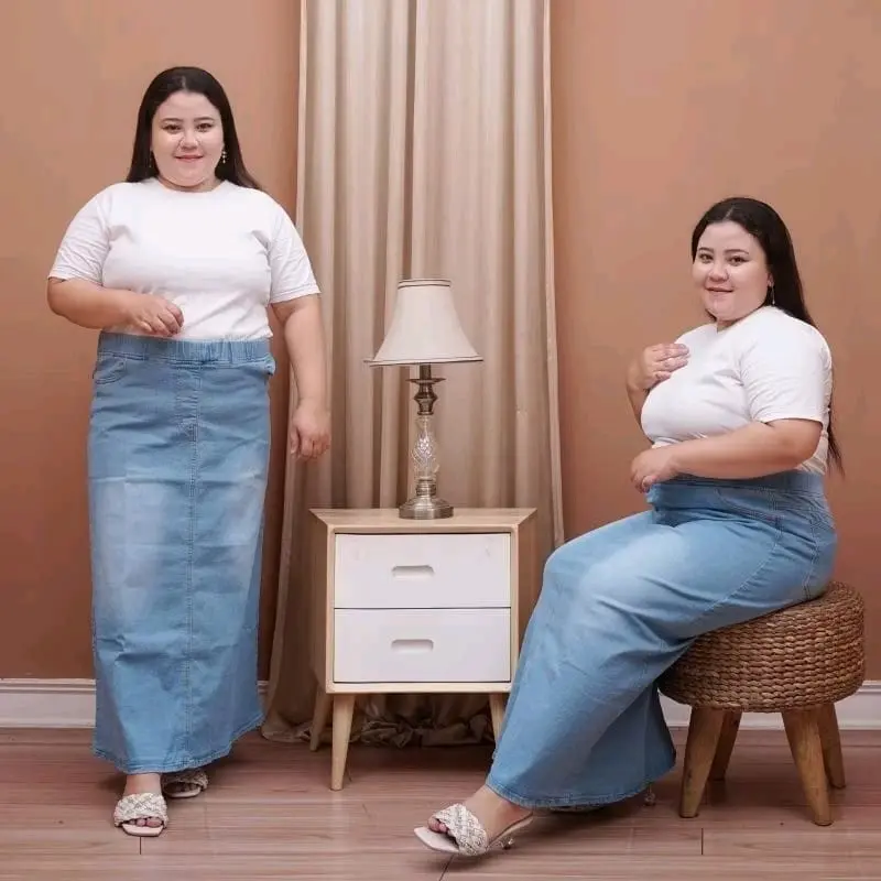 Rok jeans wanita panjang jumbo// rok jeans wanita ponggang karet // rok jeans wanita panjang whisker // rok jeans bahan melar Cewek Dewasa