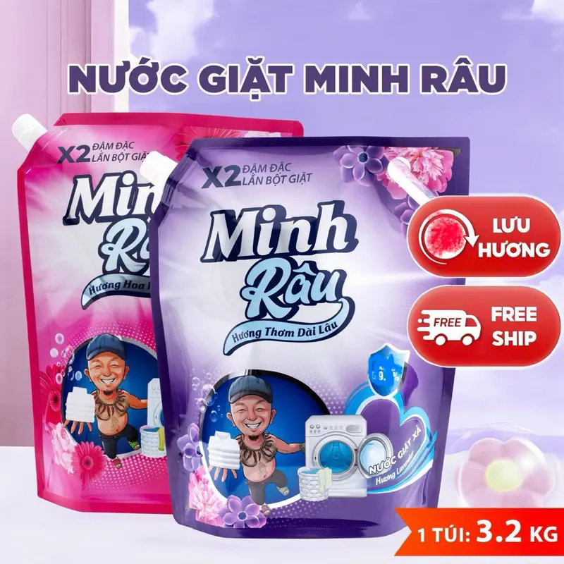 Combo 2 Túi [TỔNG NHẬN 6.4KG] Nước Giặt Xả Minh Râu 2in1 3.2kg/1 túi Giặt Máy cửa trên & trước - Giặt Tay đều được, hương Lavender / hương Hoa Hồng Lưu Hương Thơm Lâu trên từng sợi vải dịu nhẹ an toàn cho da nhạy cảm và làm sạch/ Làm Bền Màu Quần ÁO T1