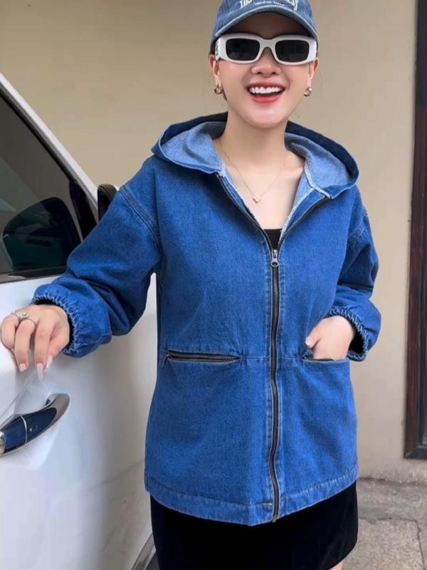 ÁO KHOÁC JEAN NỮ UNISEX DÂY KÉO CÓ NÓN + 4 TÚI CÓ KHOÁ KÉO Top Jacket Nữ Women