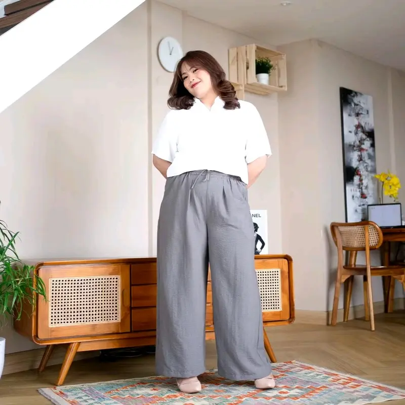 Celana kulot katun  Twill polos super jumbo XXL BB 60-85 full karet  Melar Celana  Wanita Kantong Samping Panjang Lembut Variasi 2
