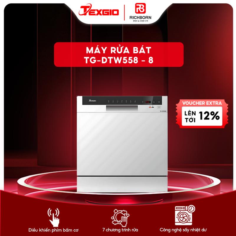Máy rửa bát Texgio TG-DTW558 8 bộ nhỏ gọn, dễ sử dụng, rửa được nồi chảo, rửa sạch sấy khô, tiết kiệm điện nước