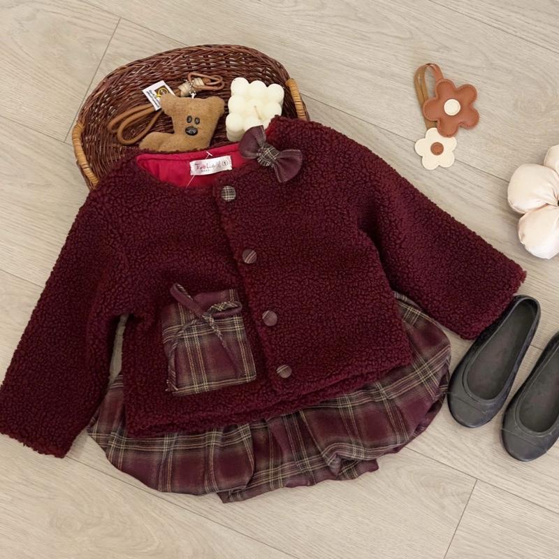 S66- Set áo dạ lông cửu đỏ găn nơ + kèm chân váy phom bồng bí ngô kẻ sọc xinh đẹp dành cho bé gái 9-22kg