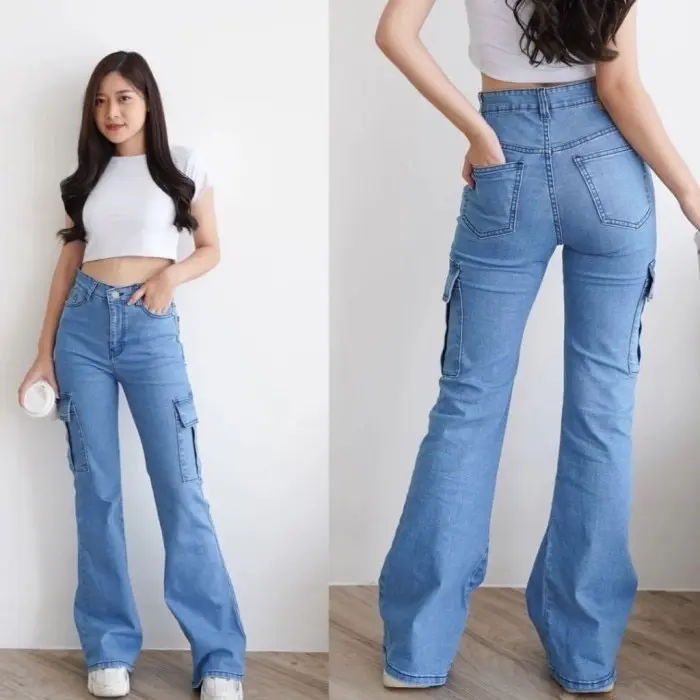 Cargo jeans cutbray stretch melar highwaist panjang celana jeans higwaist cutbray cargo Loose Tebal Wanita