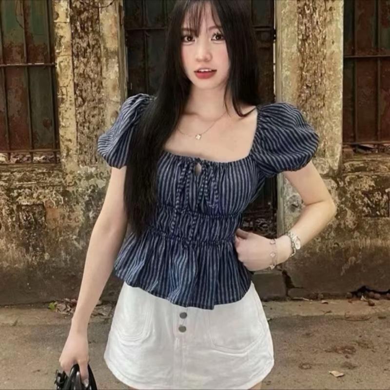 Lẻ Áo Babydoll Cổ Vuông Chiết Eo Tay Phồng Lụa Mịn 50-95kg