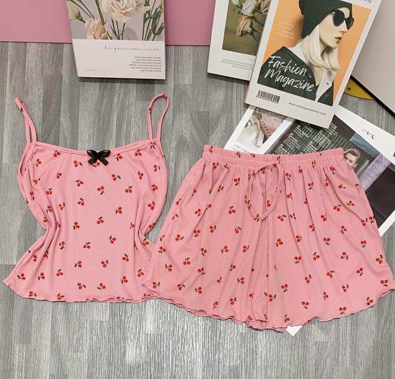 Đồ Ngủ Nữ Hai Dây Vải Thun Gân In Họa Tiết Dễ Thương, Đồ Ngủ Mặc Ở Nhà, Váy Hai Dây Nữ, Sleepwear bộ sleep wear quần áo