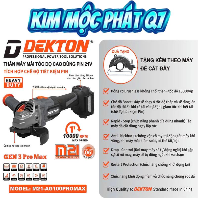  Máy Mài Góc Dekton M21-AG100PROMAX Động Cơ Không Chổi Than Pin 21V Đường Kính Đĩa 100mm 