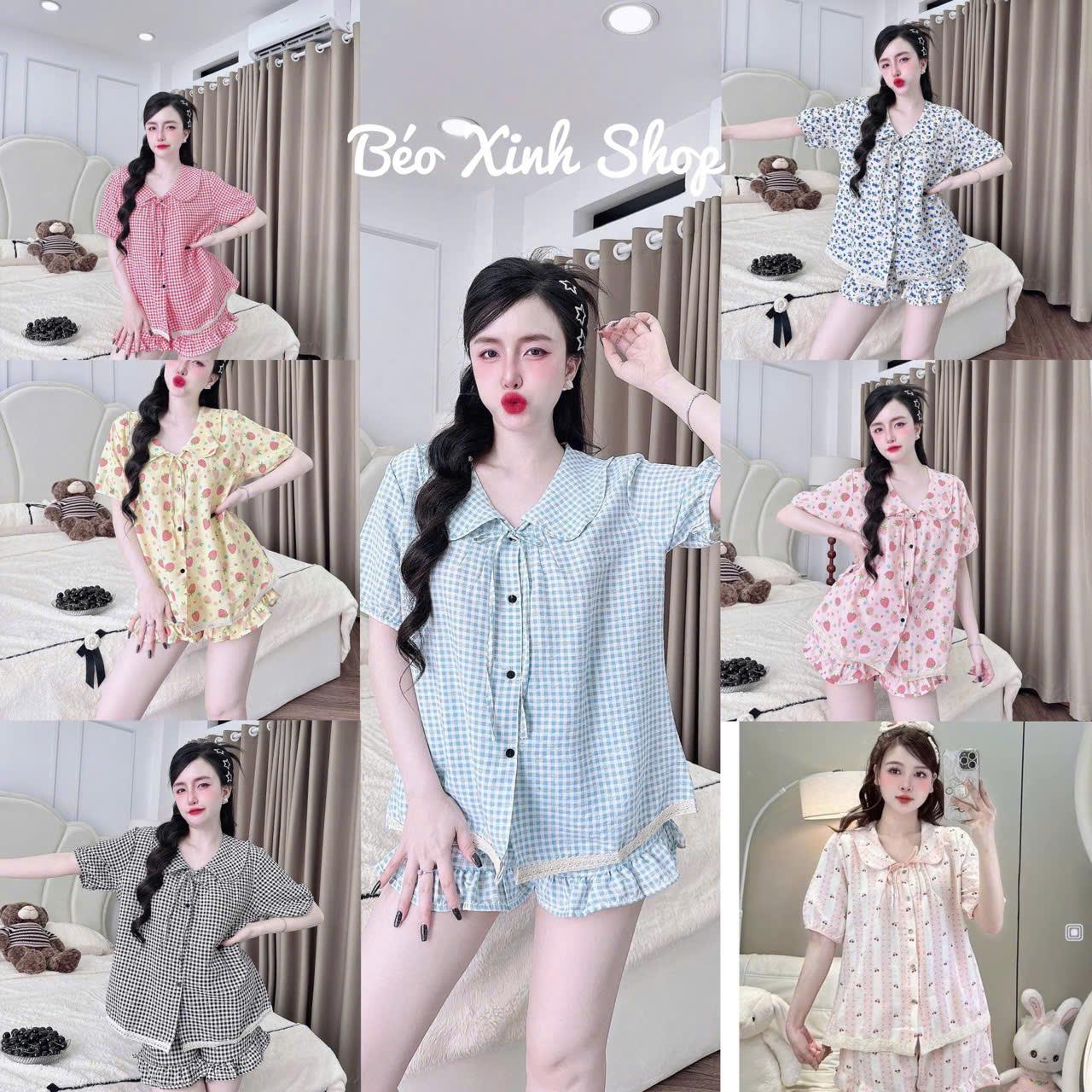 Đồ Bộ - Đồ Ngủ Quần Áo Đùi Xốp Tiểu Thư Cổ Sen Phối Ren Pijama Bigsize 50-100kg Vải Xốp Bộ Ngủ Nữ Nhung Lịch Women Quần Ngủ - A.5037