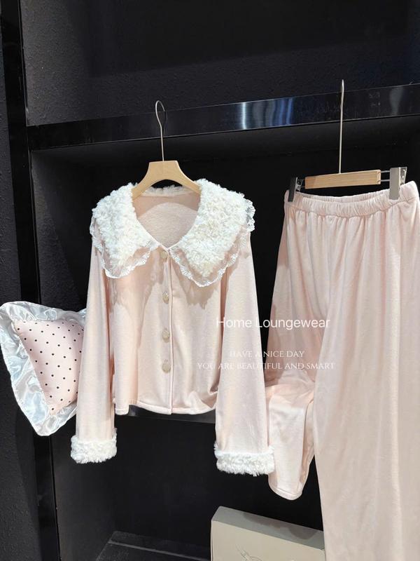 N512- Pijama dài tay nhung nỉ bông phối cổ bông cho nữ mùa thu đông- Bộ ngủ mặc nhà hàng quảng châu cao cấp