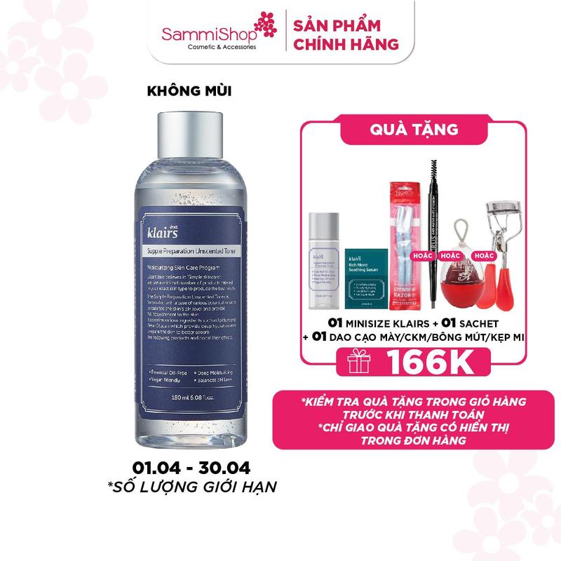 KLAIRS Supple Preparation Unscented Toner 180ml - Nước hoa hồng ( Dưỡng Ẩm Da ) LC