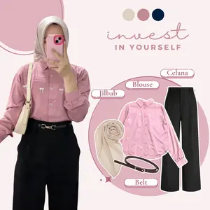 Setelan Pink Outfit (Celana Kulot + Blouse Pita + Jilbab Segi Empat) OOTD Remaja Korean Style Blouse Wanita Lucu Elegan HO93N