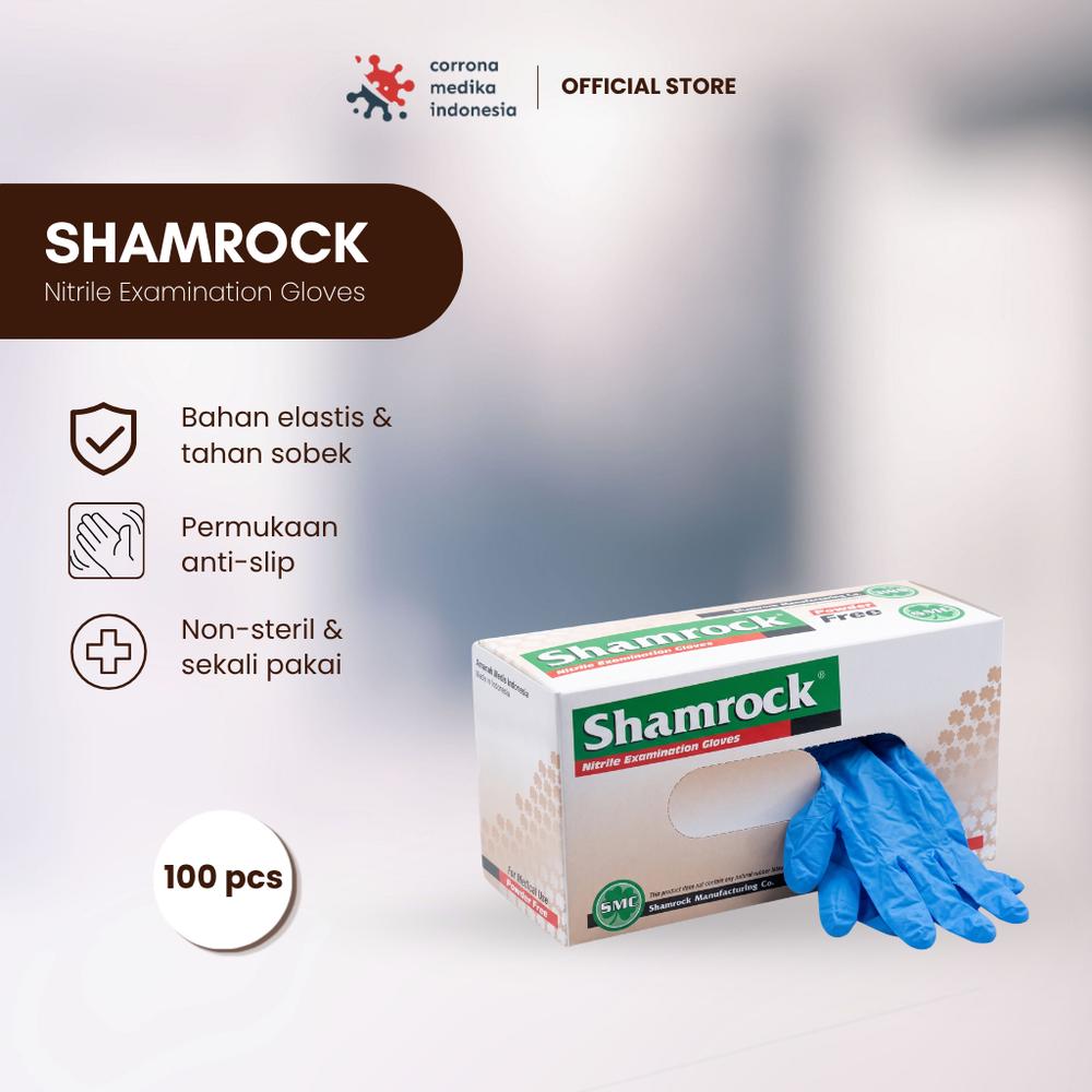 Shamrock Gloves Nitrile Biru Non-Powder Isi 100 pcs | Sarung Tangan MBG Nitril Biru Medis Tebal & Anti Alergi | Latex Free - S, 1 box