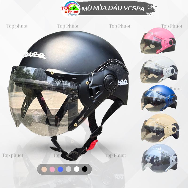 Mũ Bảo Hiểm Nửa Đầu Có Kính VESPA An Toàn, Thời Trang, Nhiều Màu Cá Tính, Freesize (Vòng Đầu 55-58cm)