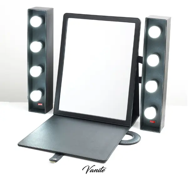 VANITE (set) - Folding Mirror 45x35 + Lightbox 4-4 untuk Makeup Artist + Packing Kayu