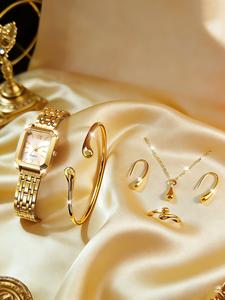 Conjunto elegante de reloj de cuarzo con collar y anillo, brazalete de acero inoxidable, regalo perfecto para mujeres, ideal para todas las estaciones