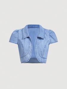 Chaqueta vaquera de verano elegante para mujer, dobladillo en arco y cuello plegado hacia abajo, estilo moderno, perfecta para uso casual, 37139#