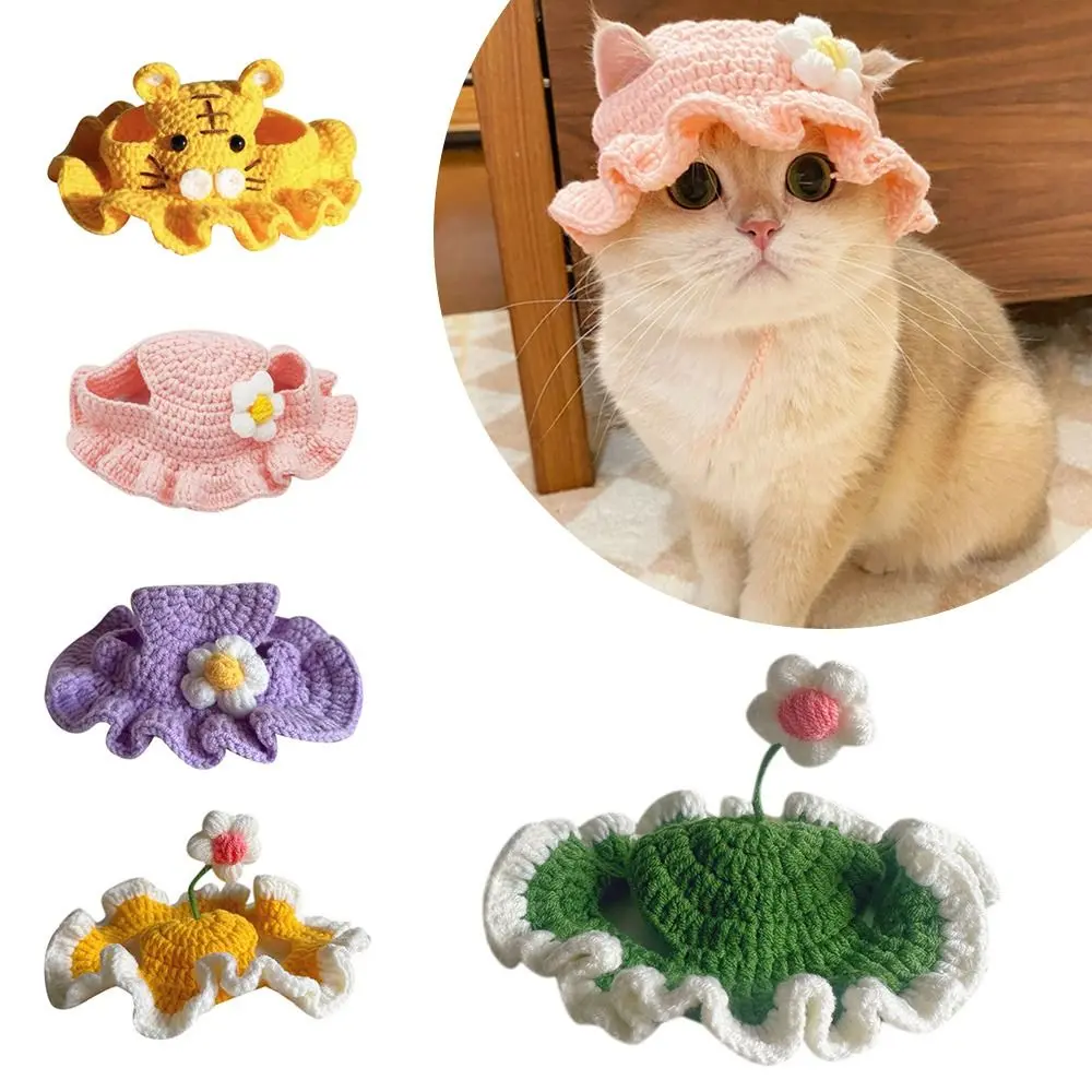 Mũ Mèo Hoa Dễ Thương, Mũ Thú Cưng Dễ Thương, Kẹp Tóc Mũ Đội Đầu Hóa Trang Vui Nhộn Thích Hợp Cho Mèo Con, Mũ Dệt Kim, Phụ Kiện Đội Đầu Cho Thú Cưng, Phụ Kiện Cho Thú Cưng