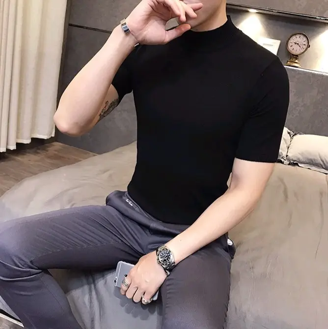 kaos Pria Turtleneck Unisex Kaos Polos Lengan Pendek Kaos Kerah Tinggi High Kain Keren Distro Nyaman Lembut Putih Abu Bulat Muda Formal Tshirt