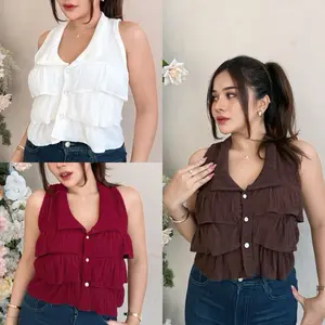Lau Rample Crop top crinkle korean style  Baju Atasan Wanita Casual Shakila Rompi
