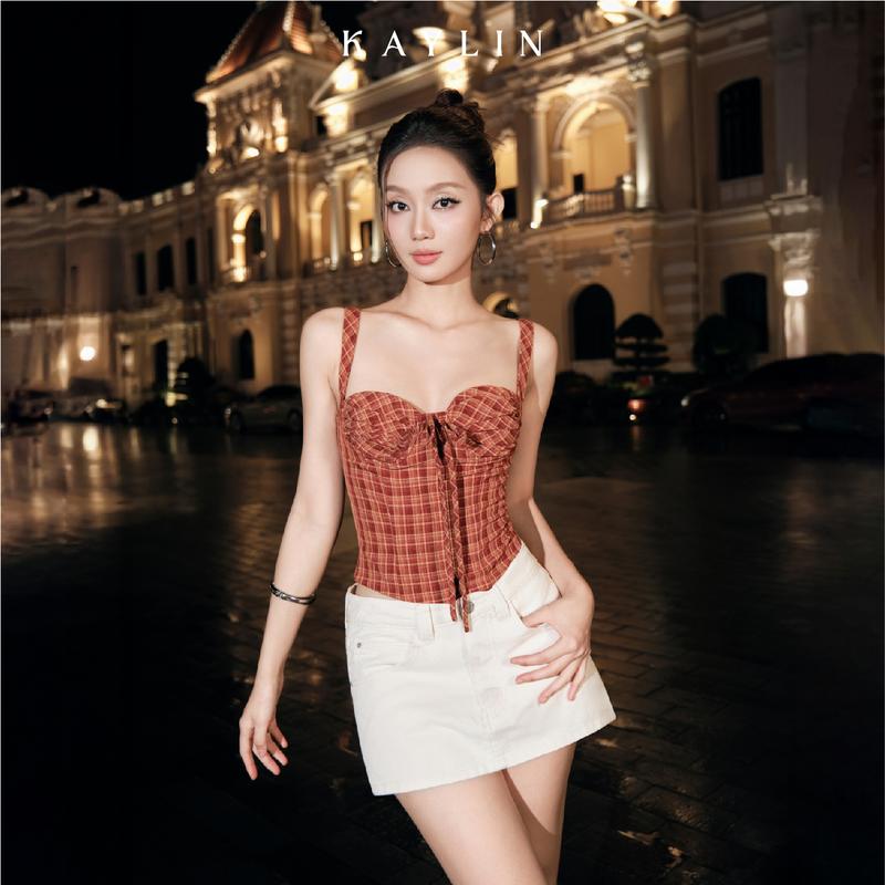  Áo Kiểu Corset KAYLIN Caro Plaid Corset Họa Tiết Caro Phối Nơ Trước Chất Vải Vintage Plaid Fabric Phong Cách Vintage - A116T12 Women Shirt Vintage Nữ 