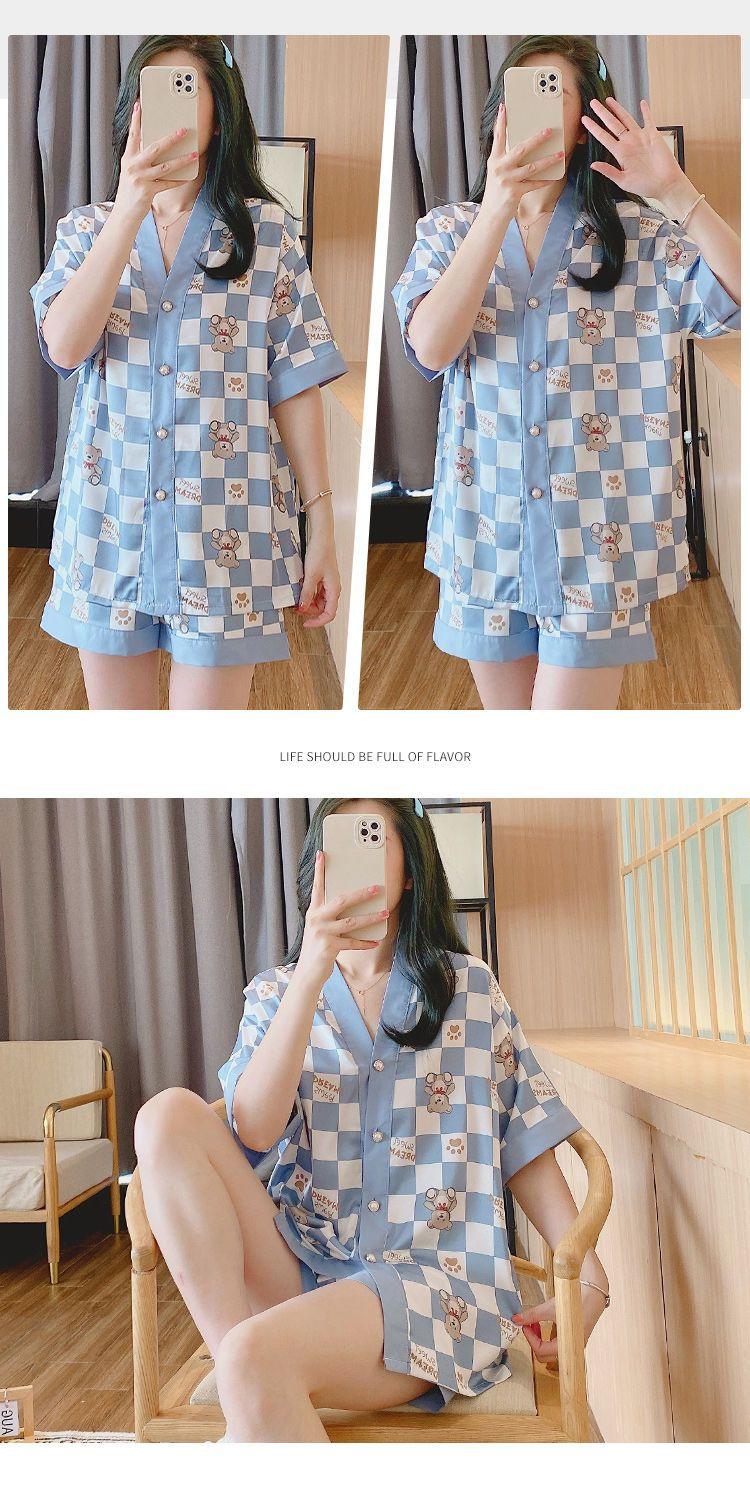 Product Introduction of Women's Pajamas 2022 New Summer Thin Ice Silk Cardigan Camellia Set Short Sleeve Cartoon Princess Style Loungewear 21