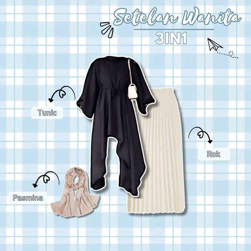 Setelan Wanita Remaja Dewasa 3IN1 Kekinian Tunic hitam, Rok, Pasmina cream Ootd Lebaran kondangan hangout terbatu-Set AB87 1