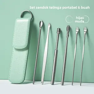 Q1J-6 Set Pembersih Telinga Dewasa Portabel, Penghilang Kotoran Telinga Spiral Stainless Steel, Aman untuk Penggunaan di Rumah