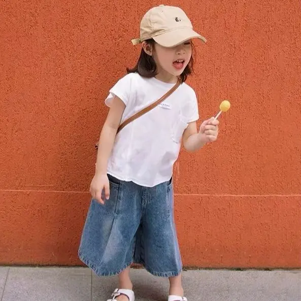 Fashion Setelan Celana Jeans Korean Style Setelan Putih Lengan Pendek+ Celana Jeans Panjang Baju Anak Perempuan