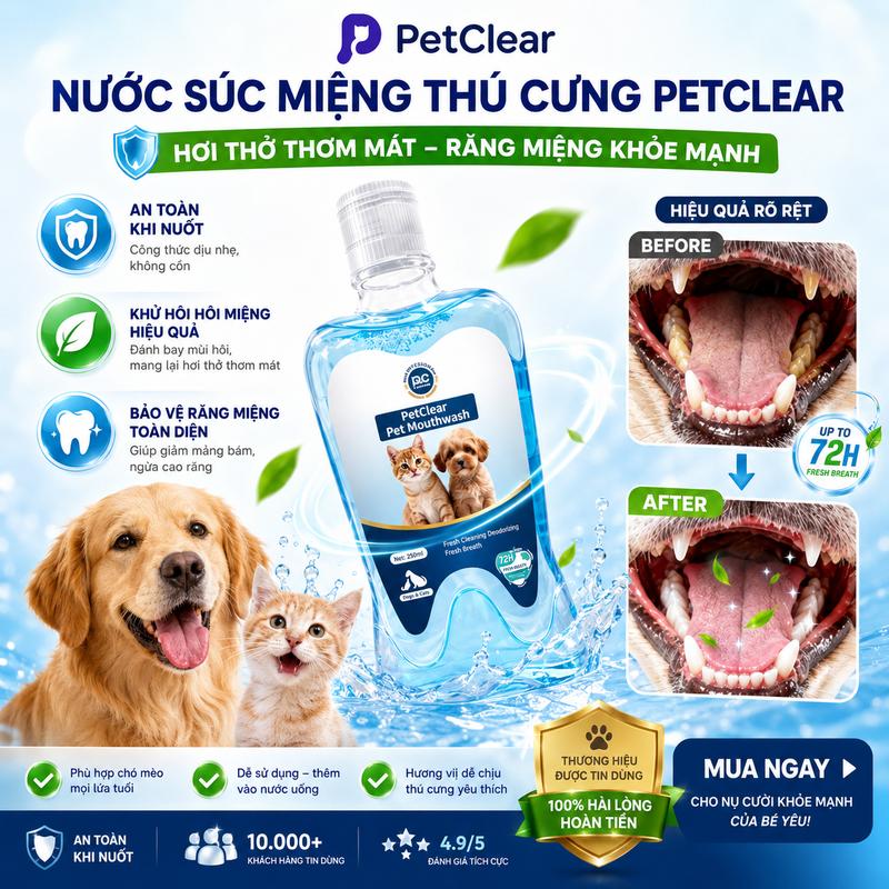 Nước Súc Miệng PetClear Cho Chó Mèo – Khử Hôi Miệng, Thơm Hơi Thở, Làm Sạch Răng Không Cần Đánh Răng, An Toàn Khi Nuốt