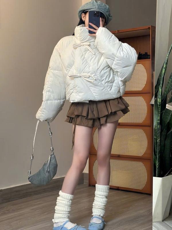 Áo khoác phao ngang hông 2 NƠ cài trước ngực siêu xinh phong cách Hàn Quốc