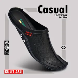 CBR SIX / Sepatu sandal pria / Model mule bustong / Bahan kulit asli / Sol karet super lentur / Warna hitam / Sepatu kasual formal resmi santai kerja kantor / HJD 819 Shoes