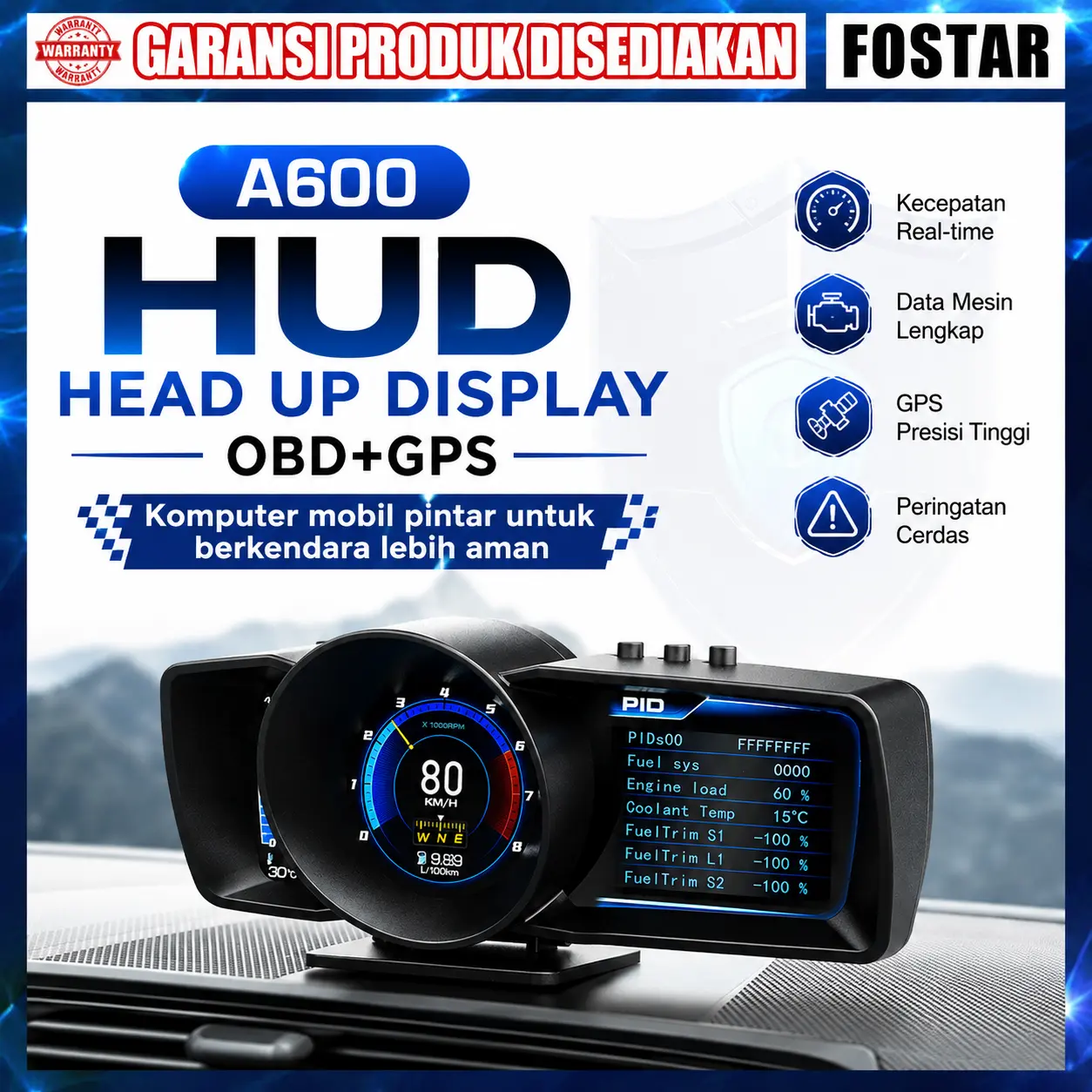 A600 HUD OBD2+GPS Dual System Car Head up Display Kode Kesalahan COD Pemeriksaan suhu air Digital Speedometer dengan Uji Rem Akselerasi Hapus