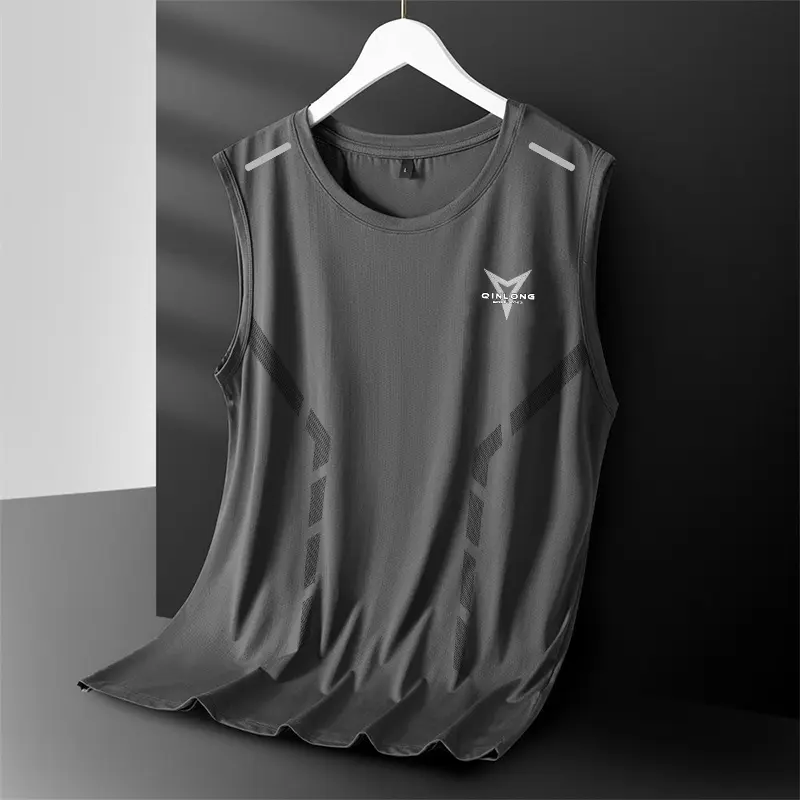 Men's Summer Ice Silk Vests, Trendy Thin Style, Breathable and Quick-Drying for Sports and Leisure, Wide Tank Tops, Round-Neck Sleeveless T-Shirts Suitable for Wearing Outside.