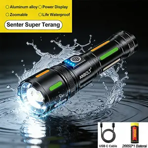 Anbolt Senter LED Super Terang M26 pro | Tahan Air Jarak Jauh | Zoom 90.000 Lumens | Baterai 18650 + Kabel Charger Type-C Gratis Usb Lampu Hitam