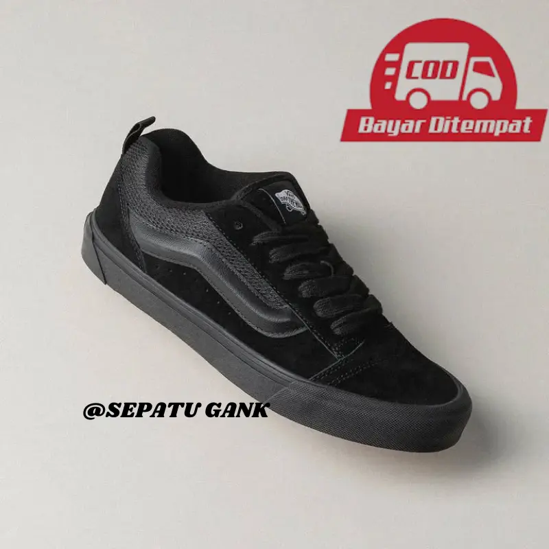 Sepatu Sekolah Hitam Vanz Knu Skool Full Black Sneakers Unisex Untuk Pria Wanita-Shoes Hitam