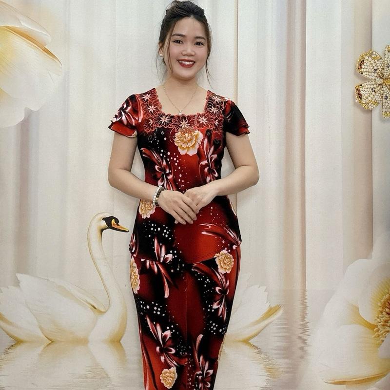 A68 Đồ bộ bông thun nữ trung niên thiết kế cổ vuông thêu, tay cánh tiên thương hiệu Hải Sơn women