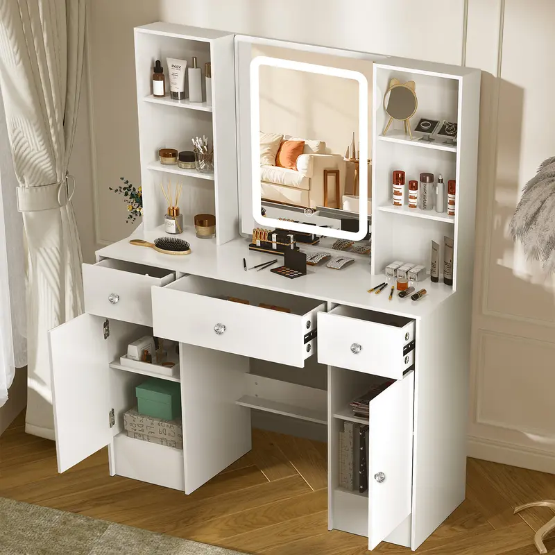 Modern White Dressing Table 3 Drawers Vanity Makeup Desk with Smart LED Mirror & Stool White 0
