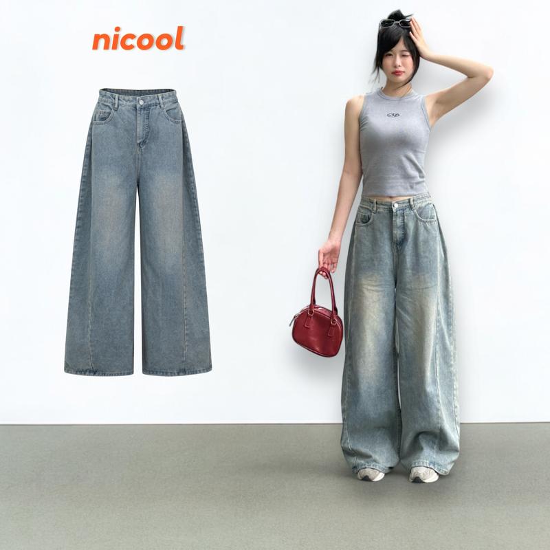 Quần Jean Nữ Ống Rộng NICOOL Xếp Ly Hông Quần Bò Wash Baggy Dáng Suông Lưng Cao Cá Tính N41-Q68