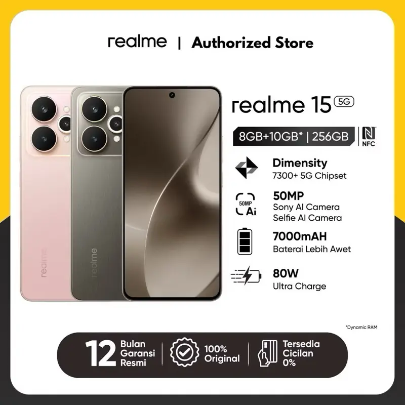 realme 15 5G 8+256GB & 12+256GB Dimensity 7300+ 5G Chipset 50MP SONY AI CAMERA 50MP Selfie Camera | 7000mAh 80W Ultra Charge | GARANSI RESMI