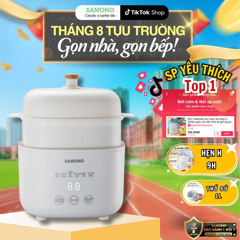 BH 1 Năm Samono Nồi nấu chậm 1L, Nồi hầm cách thủy dung nấu cháo chậm cho bé, Nồi chưng yến, Nồi hầm đa năng công nghệ hiện đại chống tràn, hẹn giờ 9 tiếng