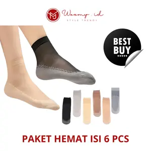 Woomy Bundle 6 Pcs  Kaos Kaki Pendek Wanita Anti Slip Stocking Transparan Anti Licin Motif Polos Panjang Dewasa Hitam