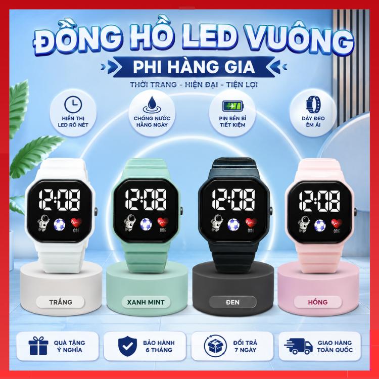Đồng Hồ Đeo Tay Điện Tử Đèn LED Mặt Vuông Màu Trơn Phong Cách Hàn Quốc Siêu Hot , Chỉ Xem Giờ