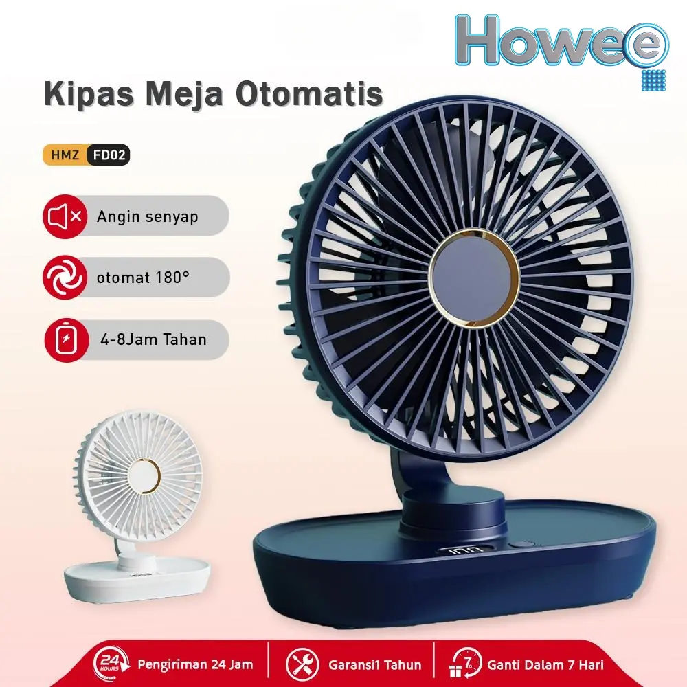 HOWEE FD02 Kipas Angin Portable Swing Otomatis Meja Portable Mini Fan TYPE-C Rechargeable Desk Fan Kipas Angin Dengan 5 Gear Wind Speed Kipas Angin Meja Portable LED