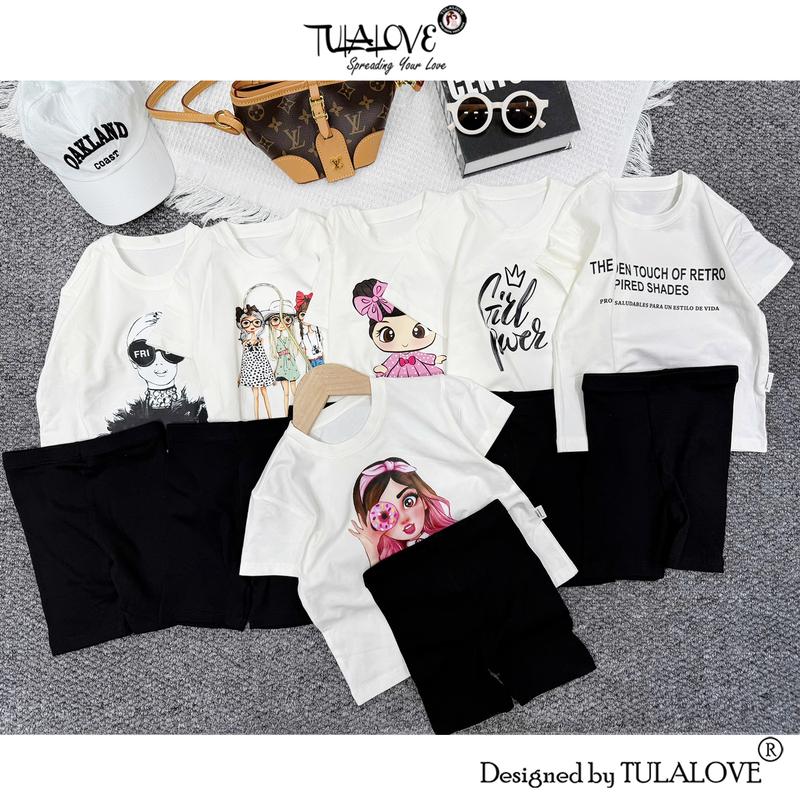 BỘ ÁO CỘC TAY HÌNH IN + LEGGING ĐÙI CHO BÉ GÁI TULALOVE Combo Quần Áo Mùa Hè Cho Bé Gái