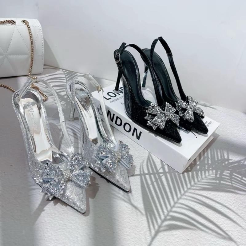 Giày cao gót nhũ kim tuyến bạc đen 5cm 8cm CÓ SIZE 40 nữ mũi nhọn nơ đá bướm quai hậu sandal 11 da rắn