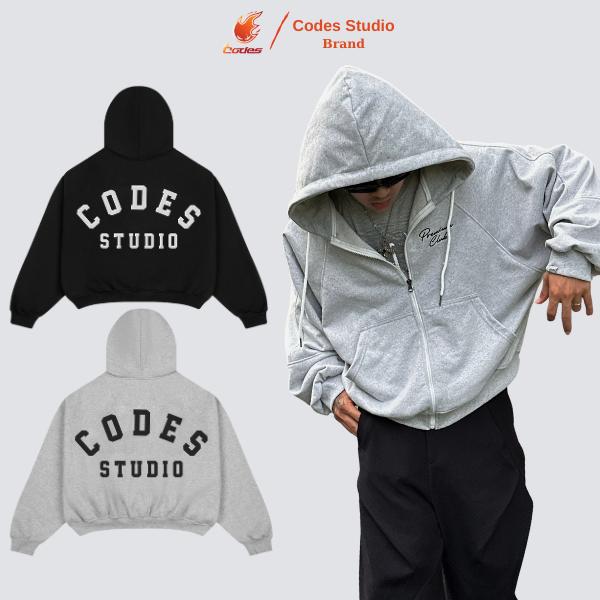 DEAL MỞ BÁN Hoodie boxy zip thêu len kỹ thuật số áo khoác nỉ chân cua khoá kéo chống nắng cặp đôi form rộng ngắn nam nữ unisex local brand CODES STUDIO basic premium